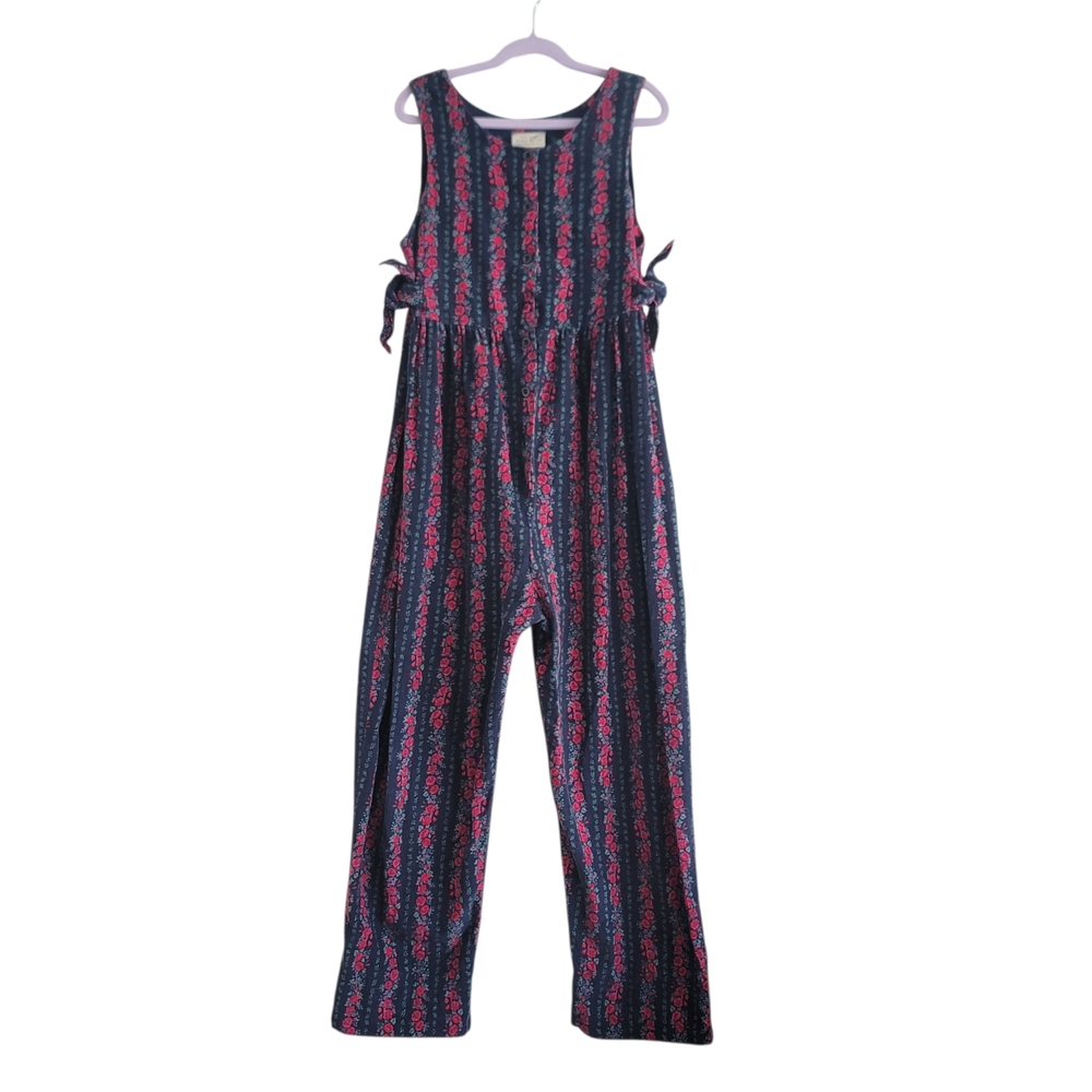 Laura‎ Ashley Girls 9-10Y Navy Red Floral Stripe Jumpsuit Corduroy Country 80s